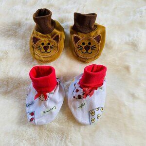 Baby Newborn Girl Sock Booties 2-pk bundle, Cat and Fruit Pattern